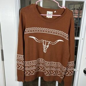Cotton & Rye Western Longhorn Sweater Terracotta Aztec Trim Knit Size Large